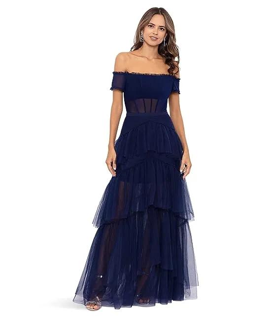 Over-the-Shoulder Tiered Mesh Gown