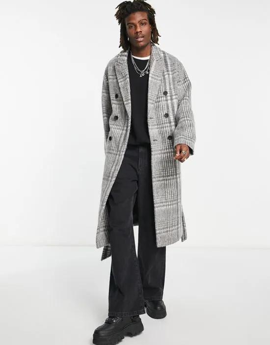 oversized belted overcoat in gray plaid