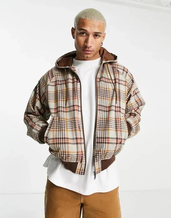 oversized bomber jacket in neutral check with hood