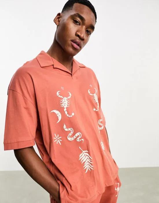 oversized camp collar polo shirt in tan with front print detail - part of a set