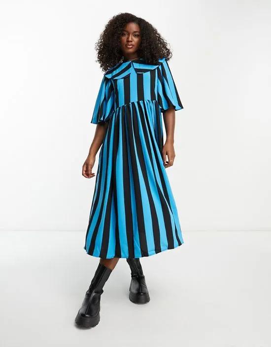 oversized collar detail midi dress in blue & black stripe