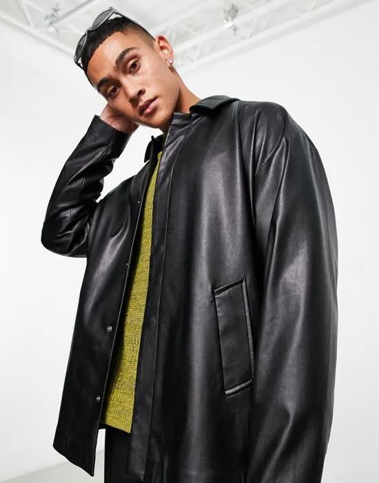 oversized faux leather shacket in black