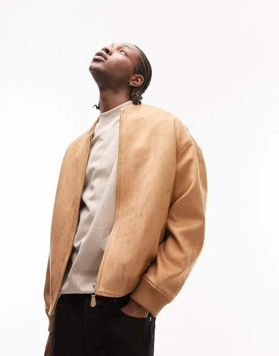 oversized faux suede bomber in tan