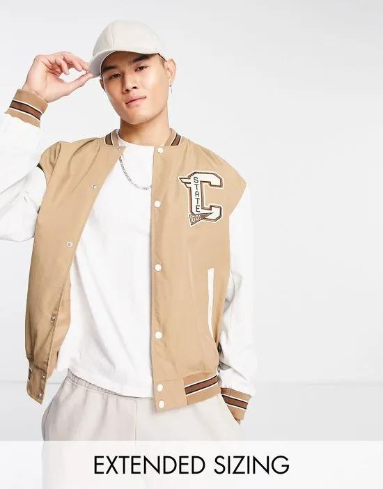 oversized lightweight varsity bomber jacket in beige with contrast sleeves