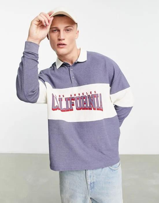 oversized long sleeve polo T-shirt in gray waffle with California print