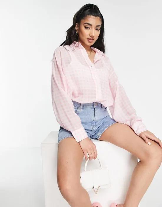 oversized long sleeve shirt in pink gingham