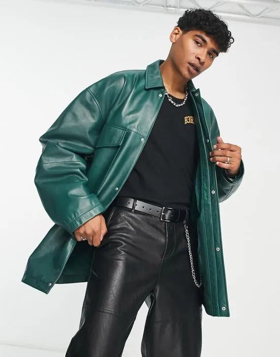 oversized real leather coach jacket in green