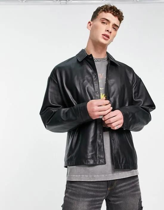 oversized real leather shacket in black