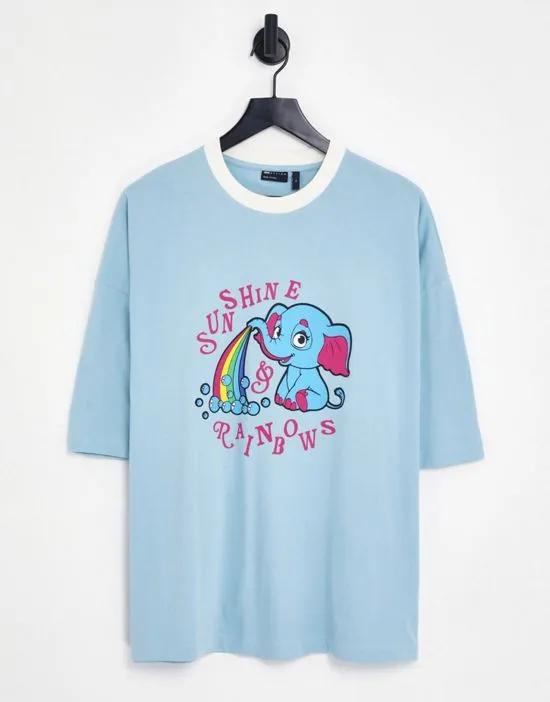 oversized ringer T-shirt in blue with elephant print