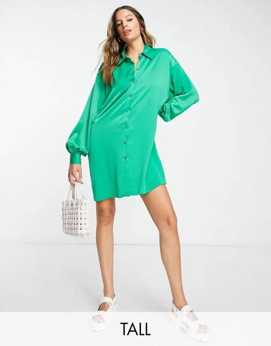 oversized satin shirt dress in green