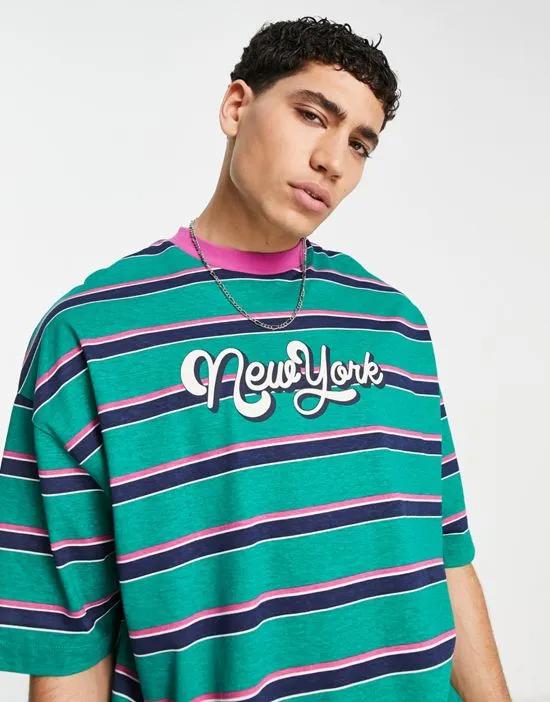 oversized stripe t-shirt in green with ringer and city print