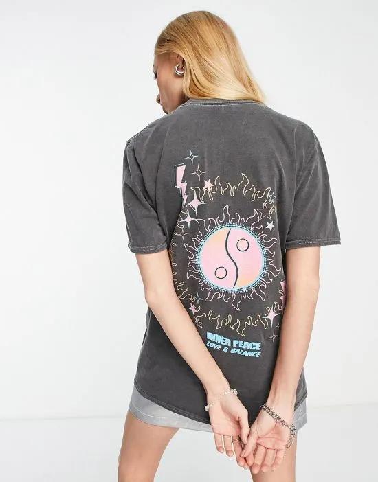 oversized t-shirt with inner peace yin yang graphic in washed charcoal