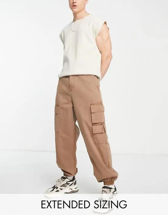 oversized tapered cargo pants in brown acid wash