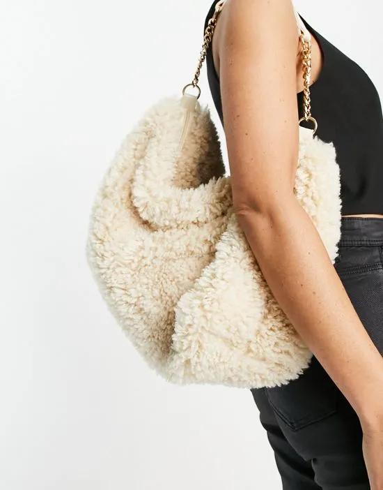 oversized teddy tote with chain strap in beige