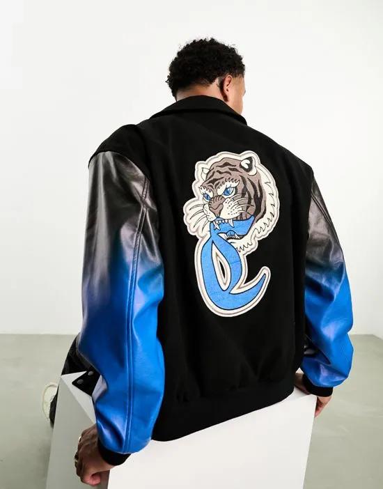 oversized varsity jacket with badges in black with ombre sleeves