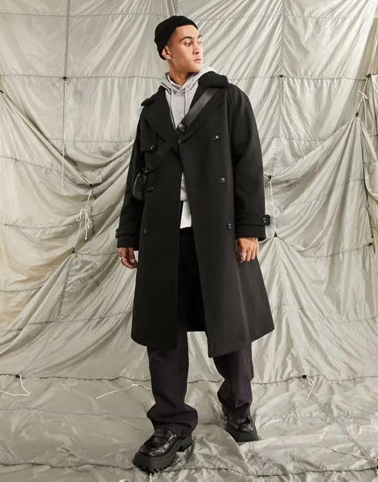 oversized wool mix coat with faux fur borg collar in black