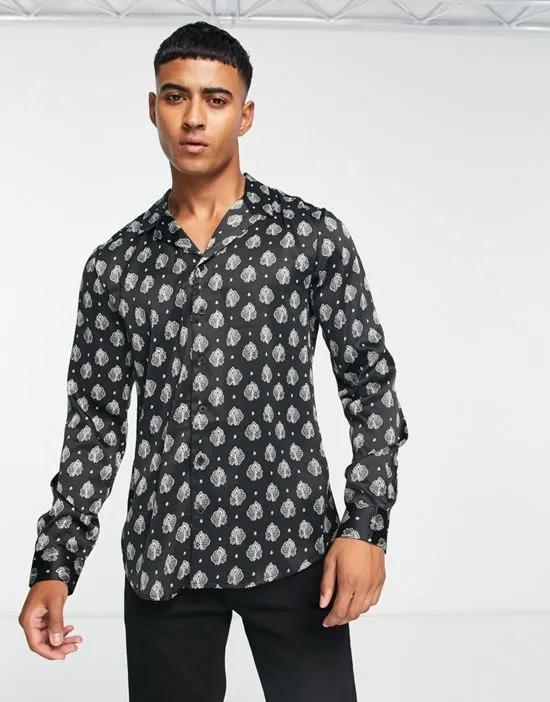 paisley revere party satin shirt in black