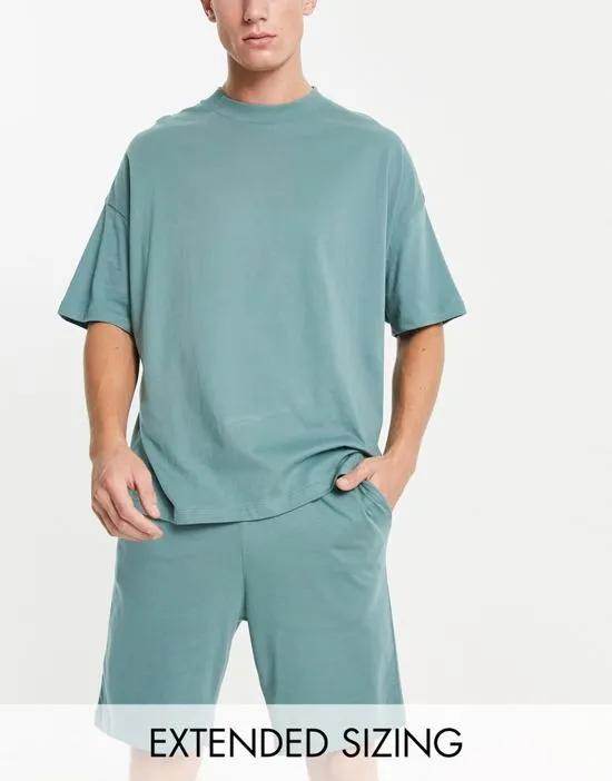 pajama set with oversized t-shirt and shorts in jersey in blue