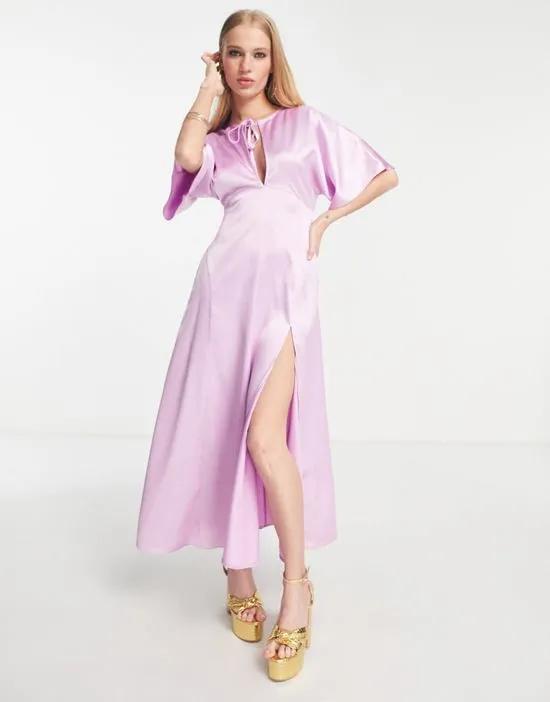 paneled satin midi dress with keyhole in lilac