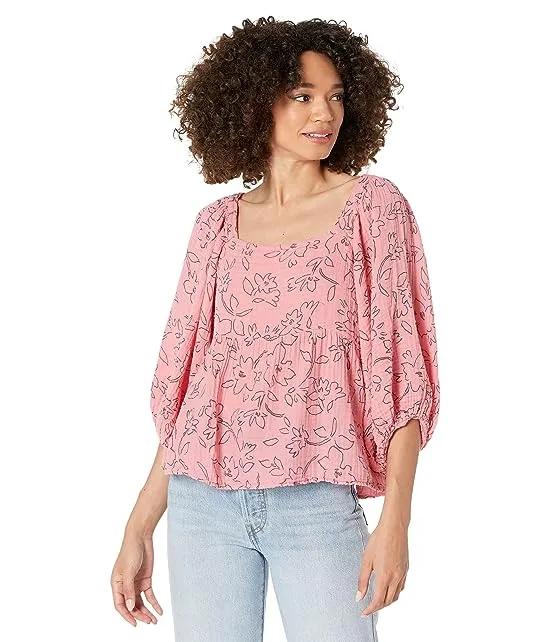 Patsy Linework Flora Square Neck Puff Sleeve Top in Double Gauze