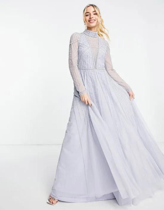 pearl embellished bodice maxi dress with tulle skirt in blue