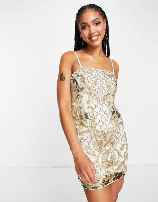 pearl placement cami mini dress with grid detail in gold