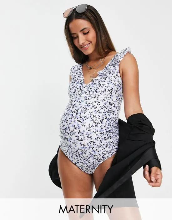 Peek & Beau Maternity Exclusive plunge frill detail swimsuit in blue floral print