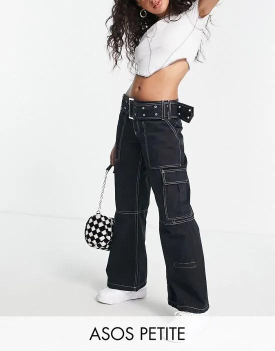 Petite belted combat flare pants in black with contrast stitch