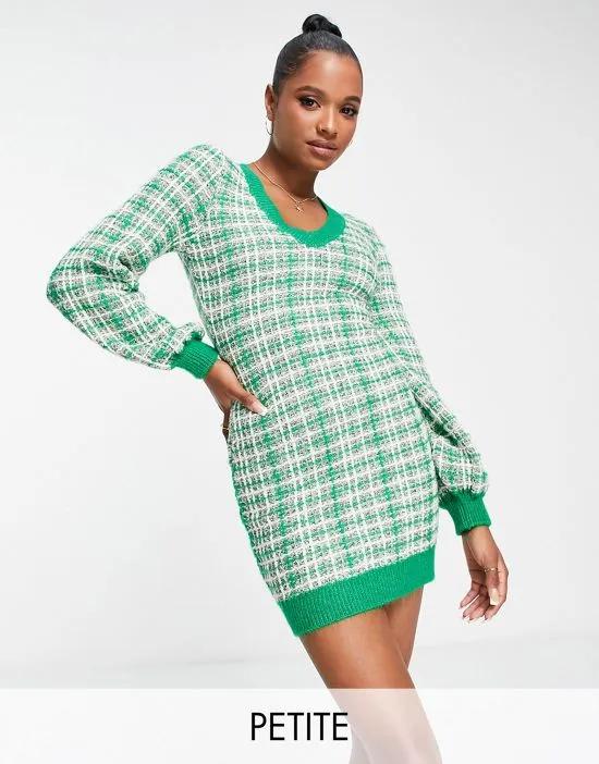 petite boucle knit balloon sleeve mini dress in green