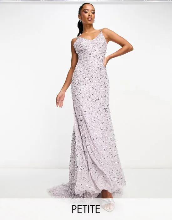 Petite Bridesmaid allover embellished cami slip maxi dress with train in muted lavender