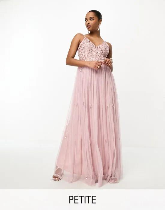 Petite Bridesmaid cami 2-in-1 maxi dress with embellished top and tulle skirt in frosted pink