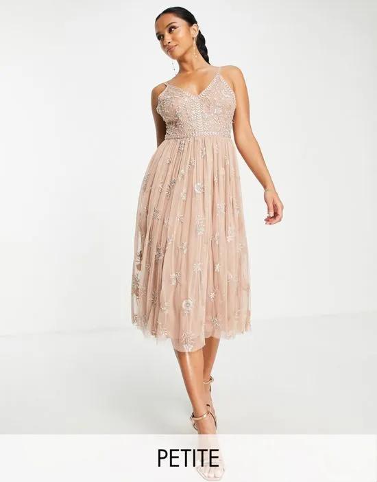 Petite Bridesmaid delicate embellished midi dress with tulle skirt in taupe