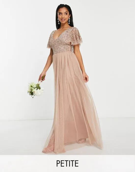Petite Bridesmaid embellished bodice maxi dress with flutter sleeves in taupe