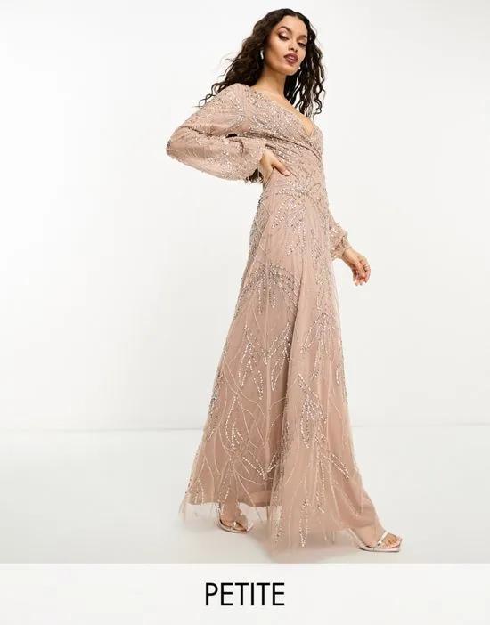 Petite Bridesmaid embellished wrap front maxi dress in taupe brown