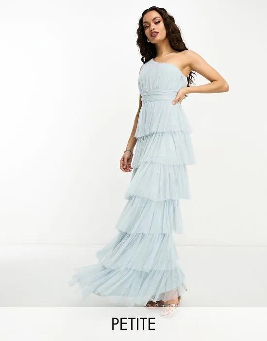 Petite Bridesmaid one shoulder tiered maxi dress in ice blue