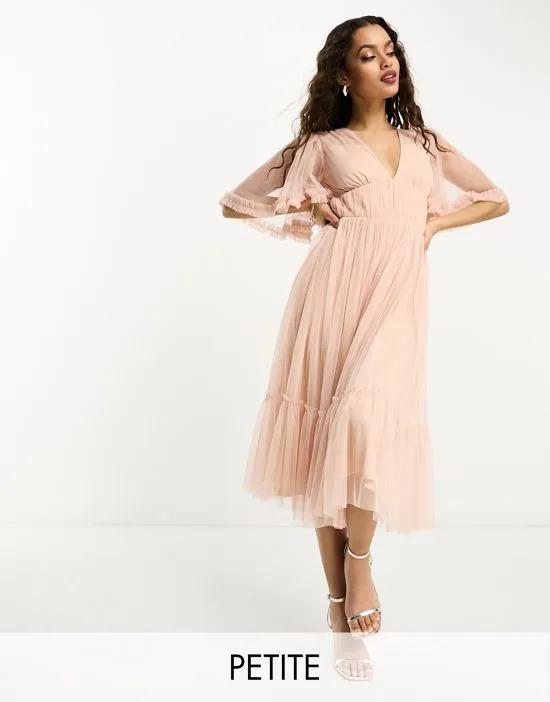Petite Bridesmaid tulle midi dress with flutter sleeve in blush
