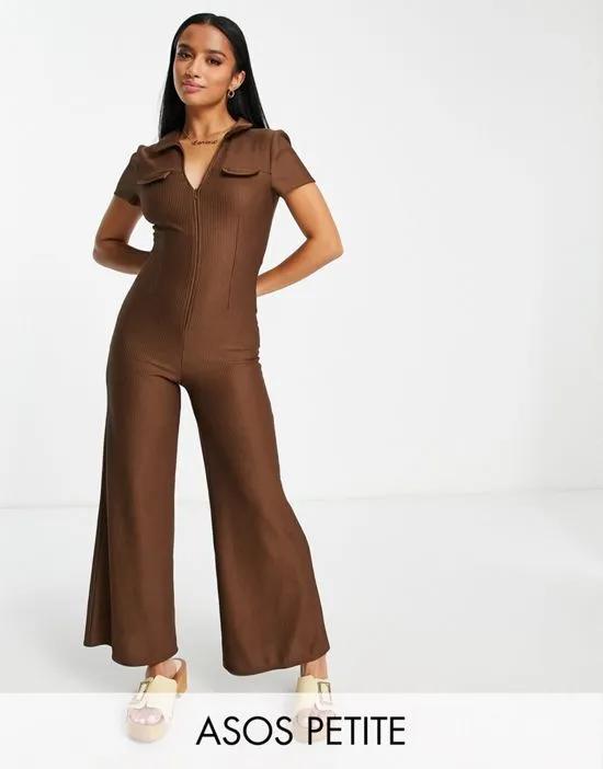 Petite collar zip front 70s ribbed jumpsuit in brown
