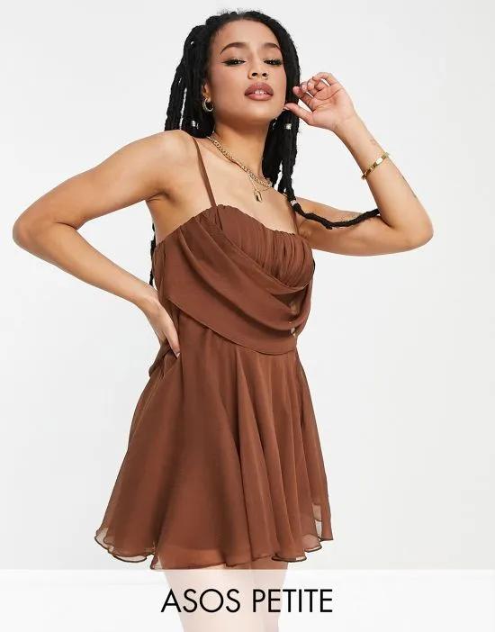 Petite corset mini dress with soft cowl front in brown