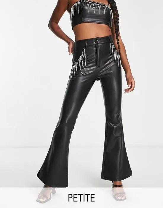 Petite faux leather diamante fringe kickflare pants in black