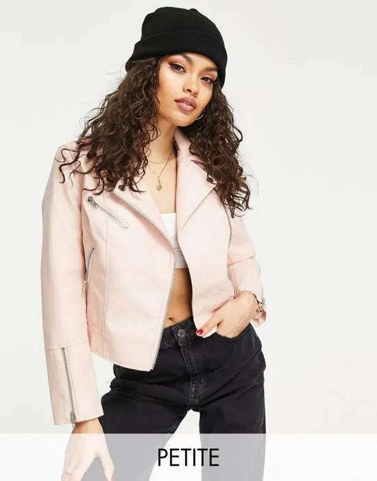 Petite faux leather zip front jacket in pink