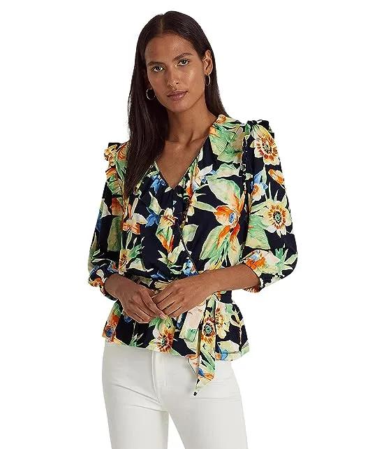 Petite Floral Jersey Belted Peplum Top