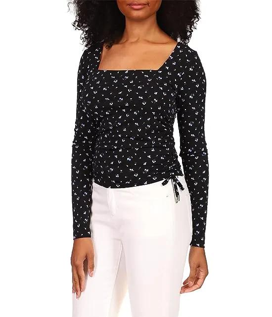 Petite Floral Square Neck Ruched Long Sleeve Top