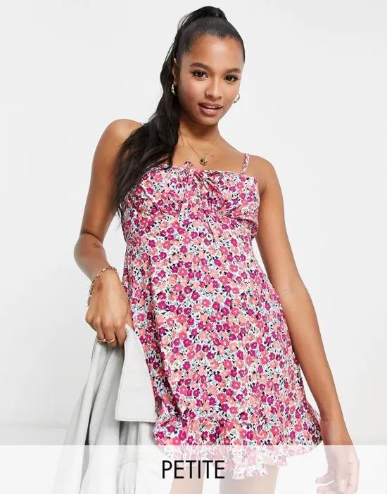 Petite gathered bust slip dress in pink ditsy - PINK