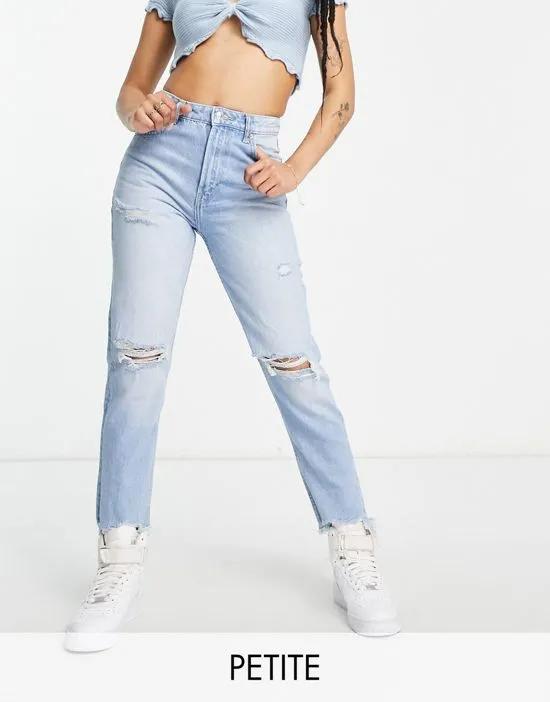 Petite mom jeans with rips in light wash blue