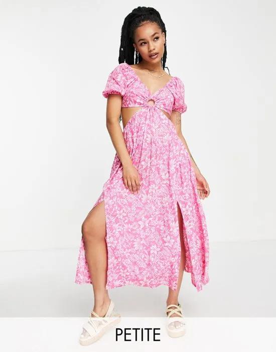 Petite ring detail cut out maxi dress in pink hibiscus print
