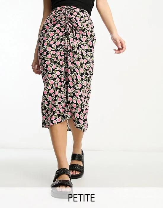 Petite ruched front midi skirt in black rose