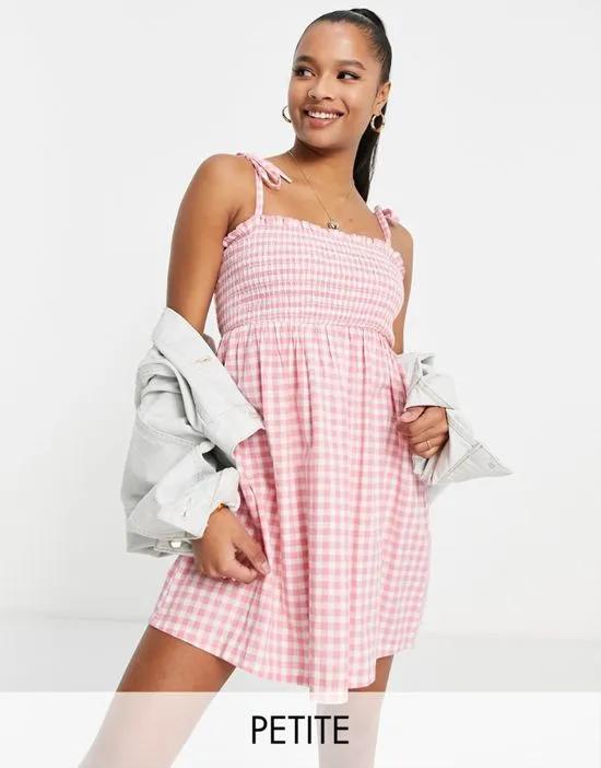 Petite shirred tie strap sundress in pink gingham