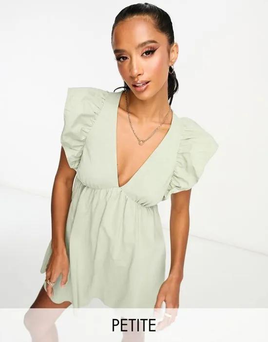 Petite smock mini dress with frill sleeve in sage green