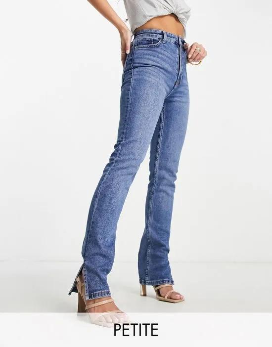 Petite split hem flared jeans in mid blue