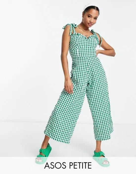 Petite sweetheart neck jumpsuit with tie shoulder in green gingham